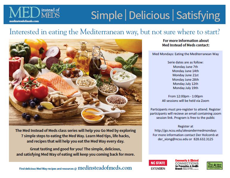 Scheduling for Med Mondays: Eating the Mediterranean Way; Dates are as follow: Monday June 7th, June 14th, June 21st, June 28th, July 12th, July 19th